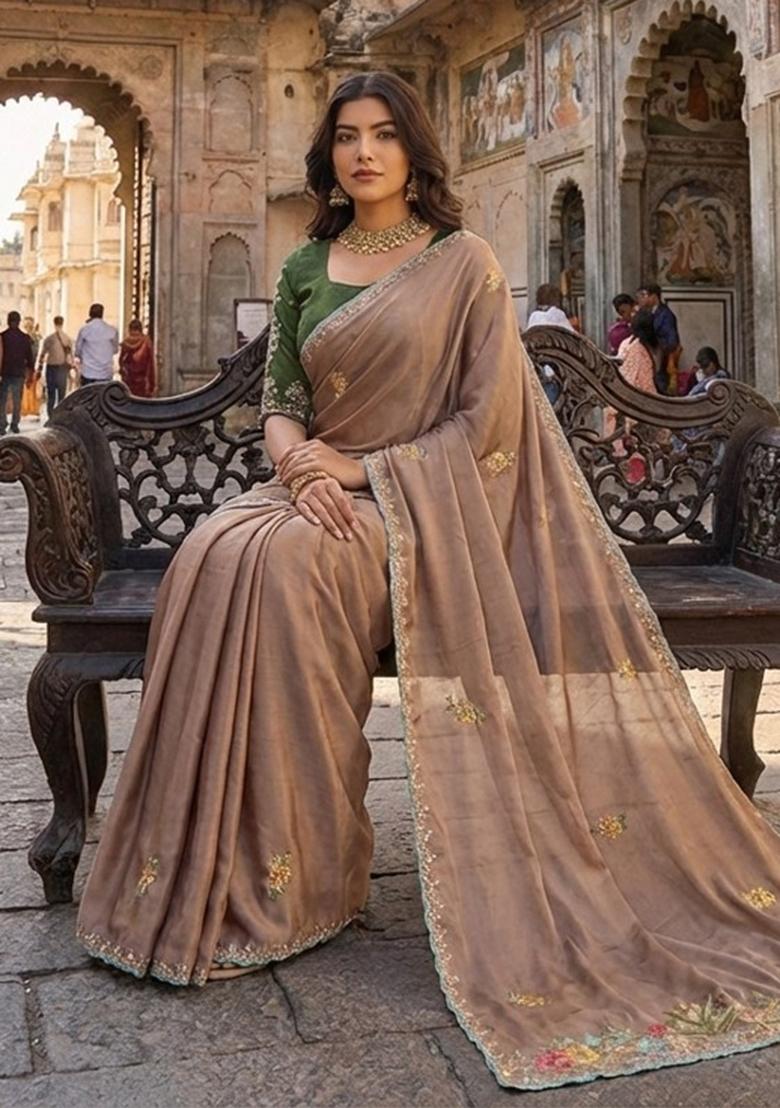 Light Brown Embroidered Silk Saree Set - Indya