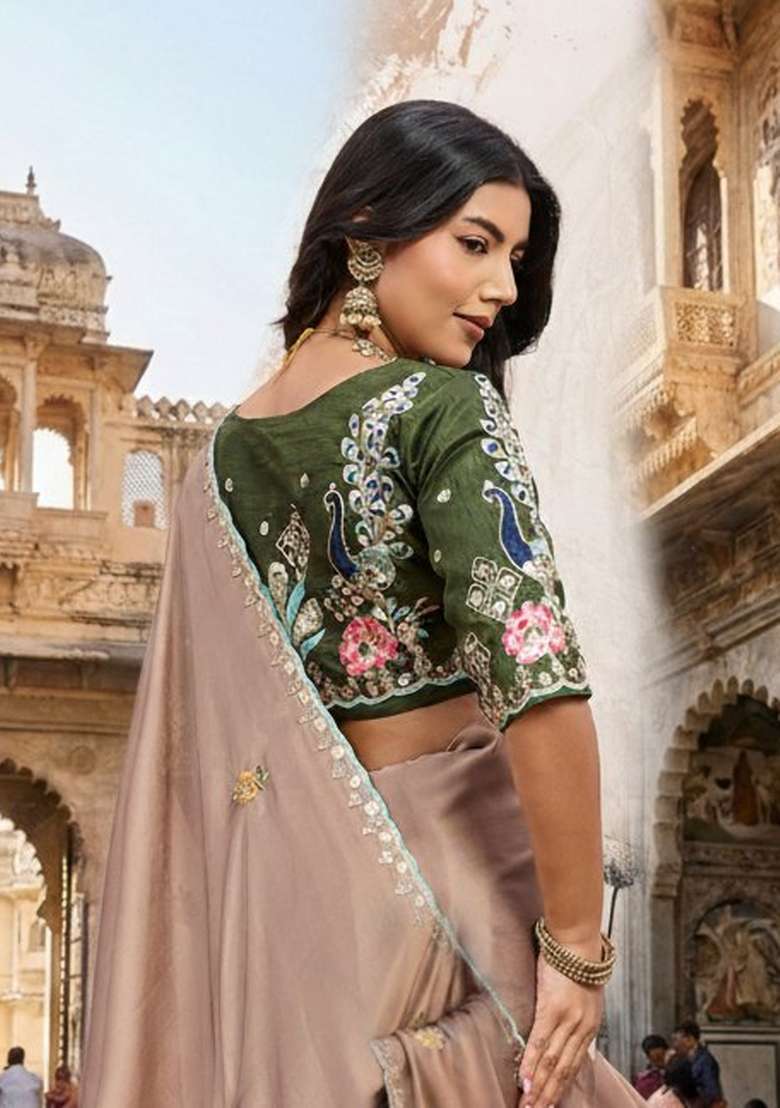 Light Brown Silk Saree Set with Embroidered for Diwali | Wedding & Festive Wear - Indya