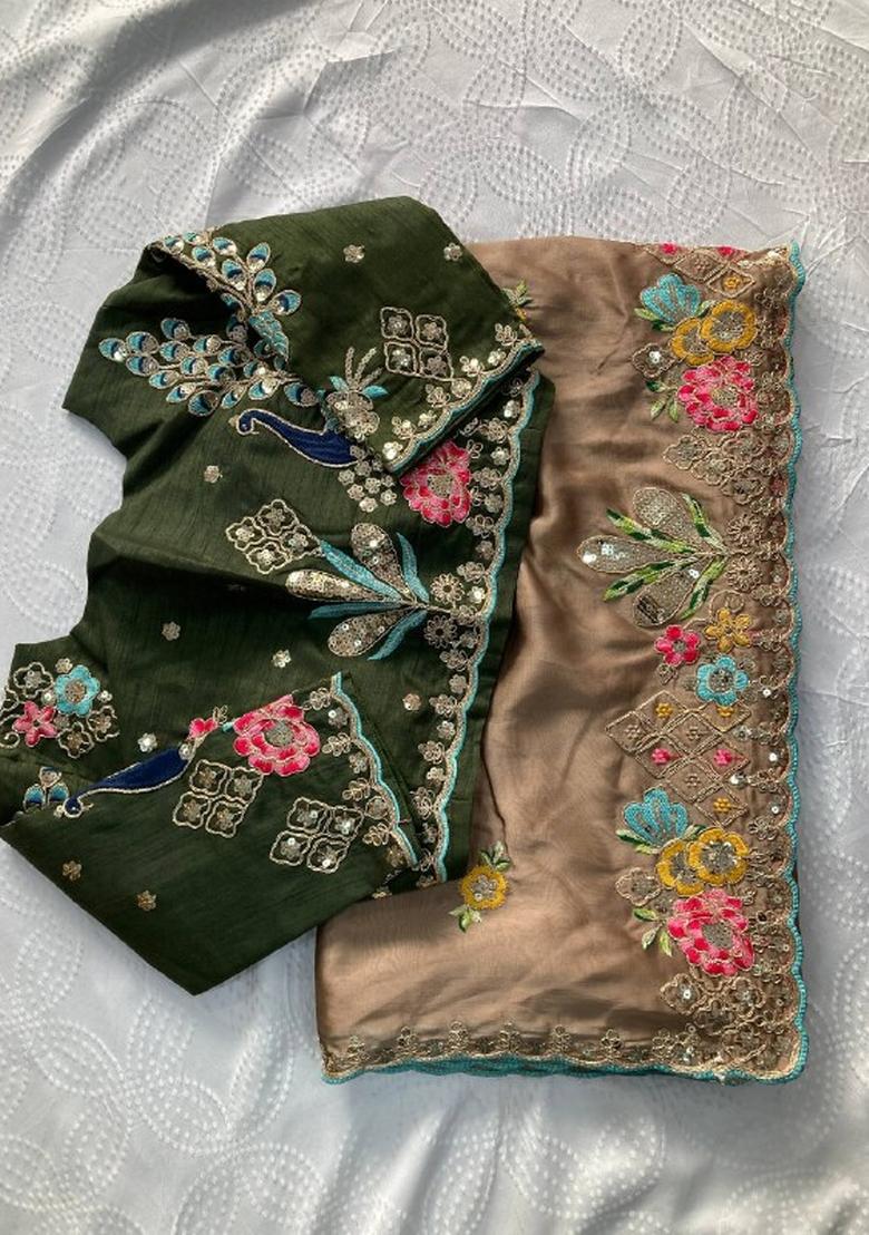 Light Brown Embroidered Silk Saree Set - Indya