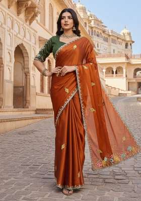 Rust Embroidered Silk Saree Set for Diwali and Festive Wear