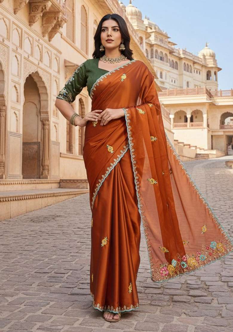 Rust Embroidered Silk Saree Set for Diwali and Festive Wear - Indya