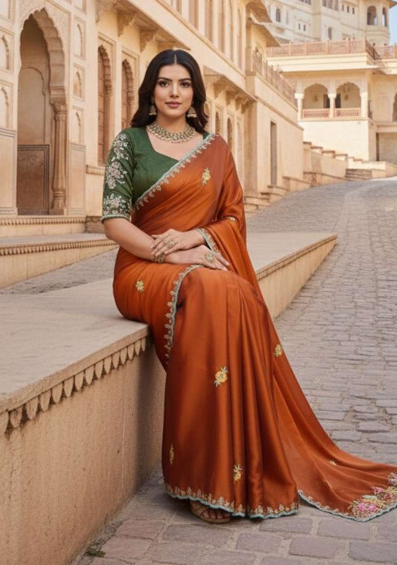 Rust Embroidered Silk Saree Set for Diwali and Festive Wear - Indya