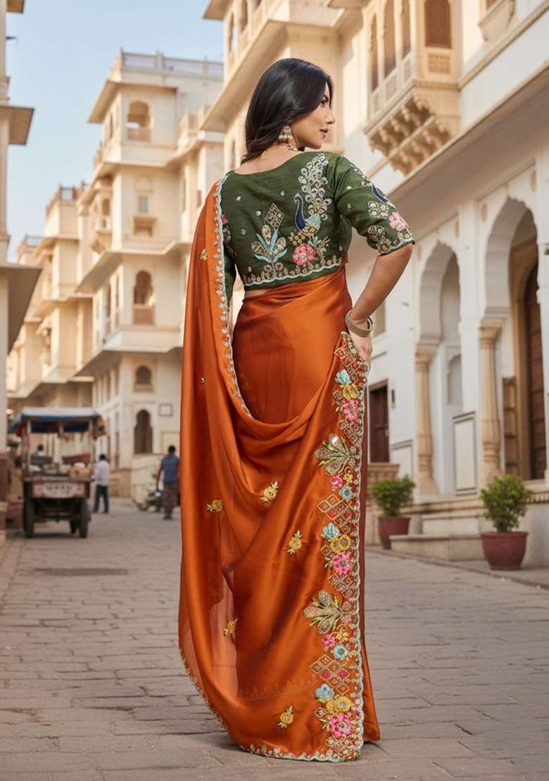 Rust Embroidered Silk Saree Set for Diwali and Festive Wear - Indya