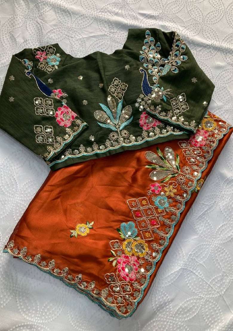 Rust Embroidered Silk Saree Set for Diwali and Festive Wear - Indya