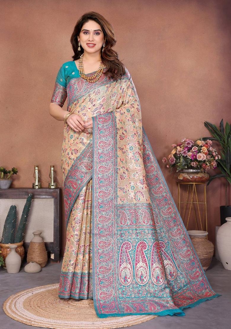 Blue Zari Work Silk Saree Set - Indya