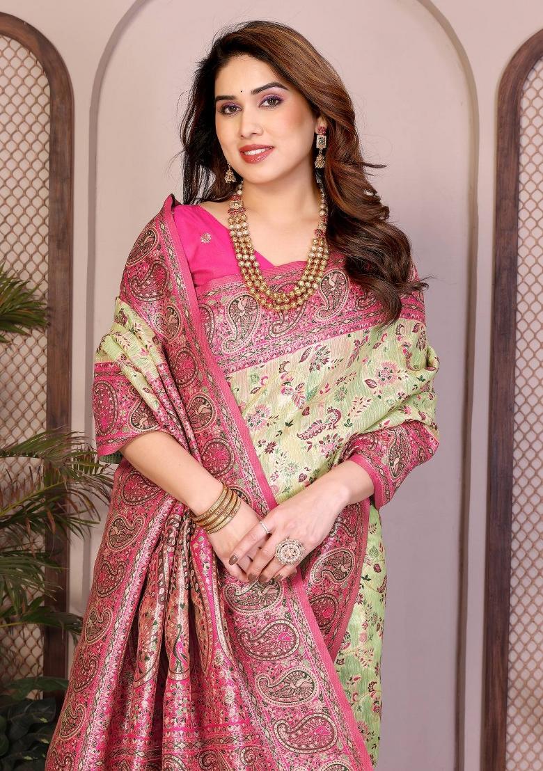 Pink Zari Work Silk Saree Set - Indya