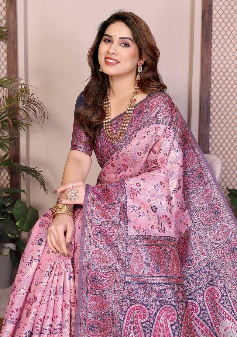 Navy Blue Zari Work Silk Saree Set - Indya