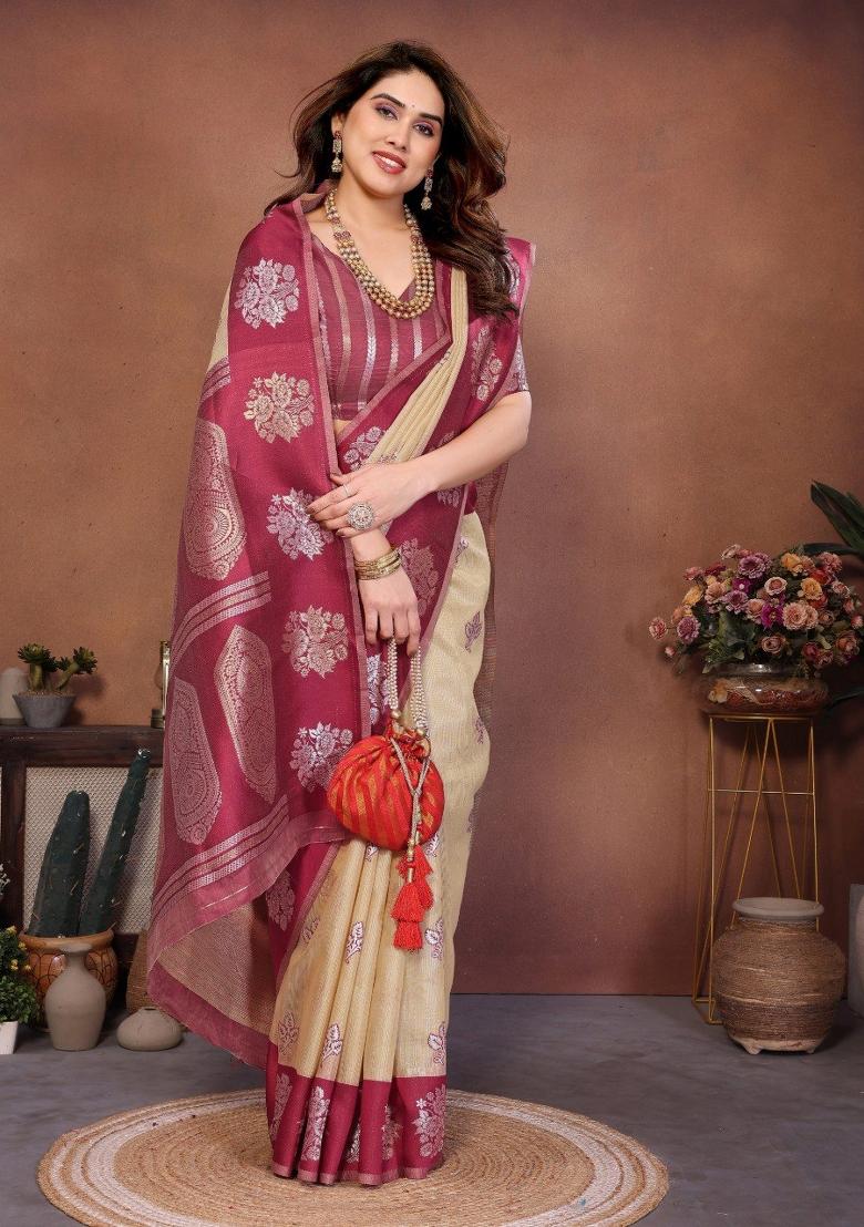 Maroon Zari Work Silk Saree Set - Indya