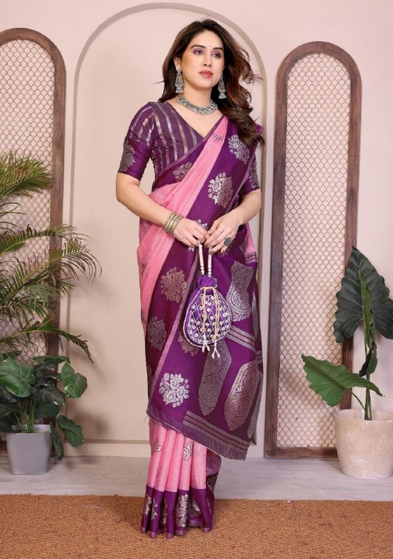 Wine Zari Work Silk Saree Set - Indya