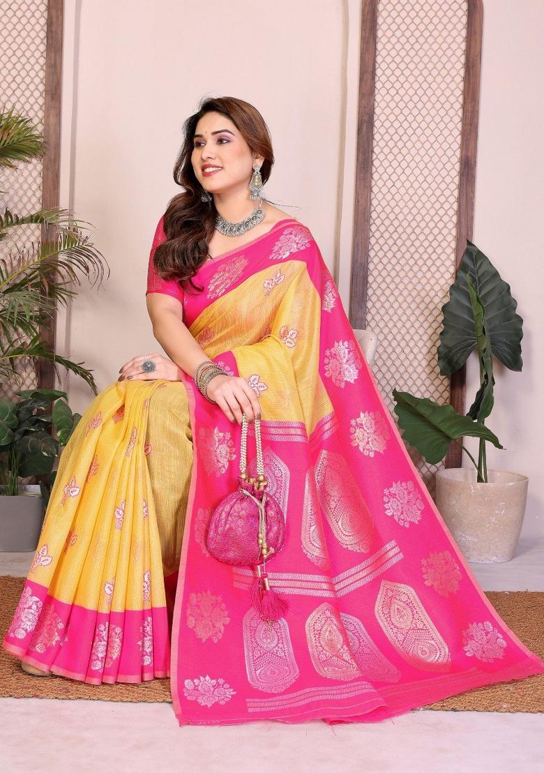 Rani Pink Zari Work Silk Saree Set - Indya
