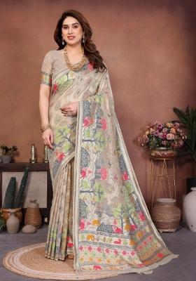 Beige Zari Work Silk Saree Set