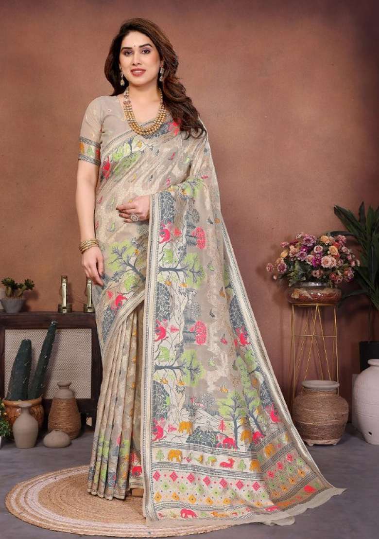 Beige Zari Work Silk Saree Set for Diwali and Festive Wear - Indya