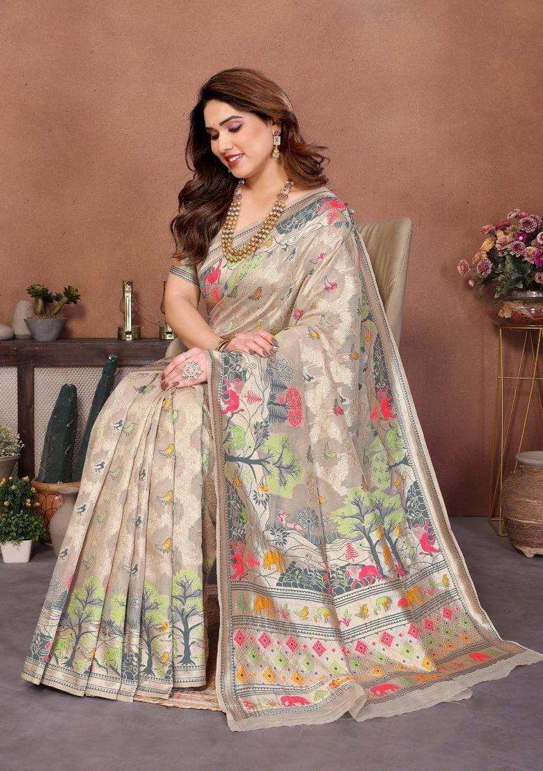 Beige Zari Work Silk Saree Set - Indya