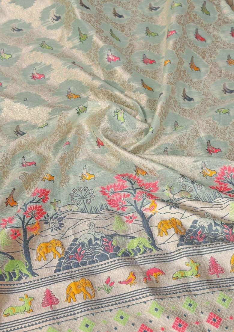 Grey Silk Saree Set with Zari Work for Diwali | Wedding & Festive Wear - Indya