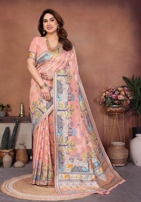 Peach Zari Work Silk Saree Set