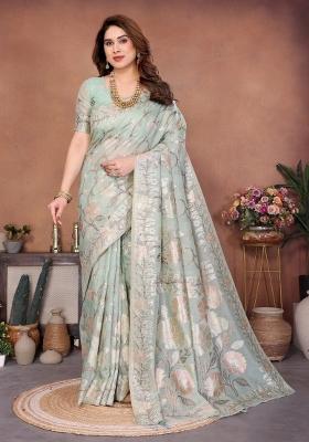 Light Blue Zari Work Silk Saree Set