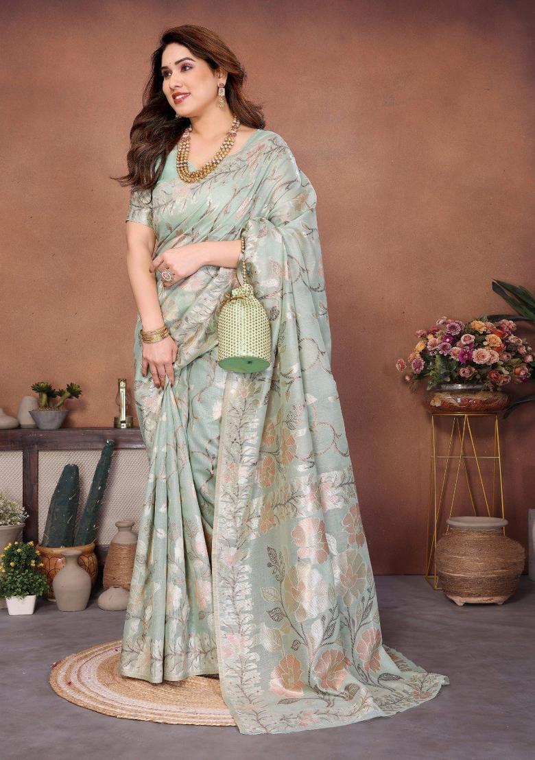 Light Blue Zari Work Silk Saree Set - Indya