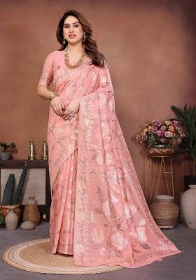 Peach Pink Zari Work Silk Saree Set