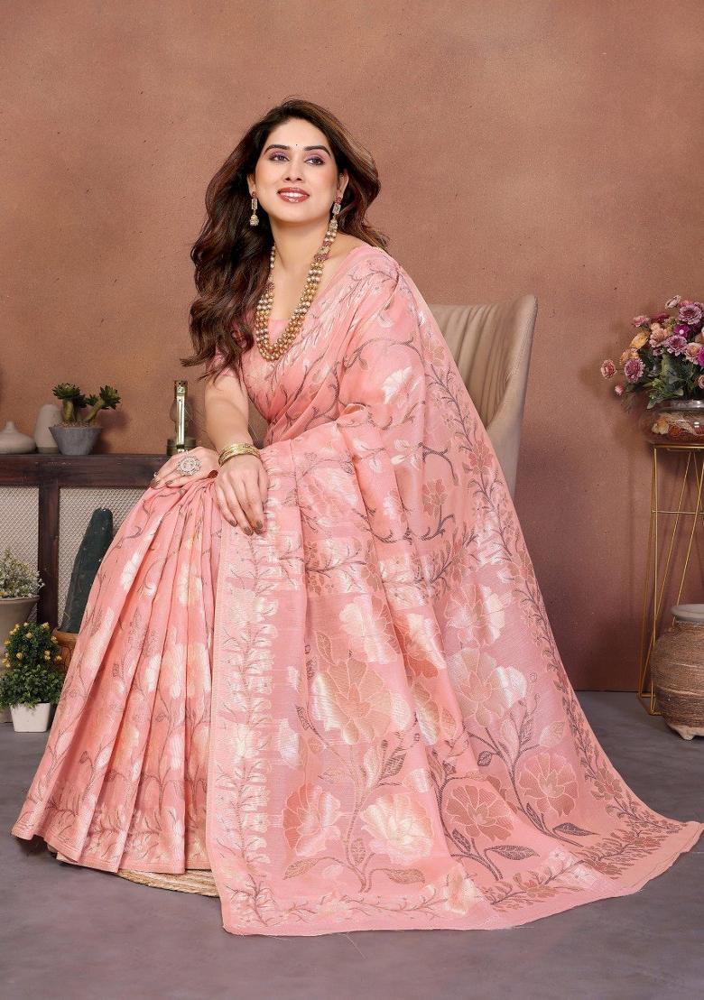 Peach Pink Zari Work Silk Saree Set - Indya