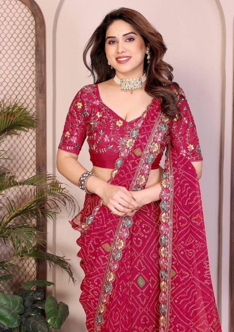 Pink Printed Georgette Saree Set - Indya