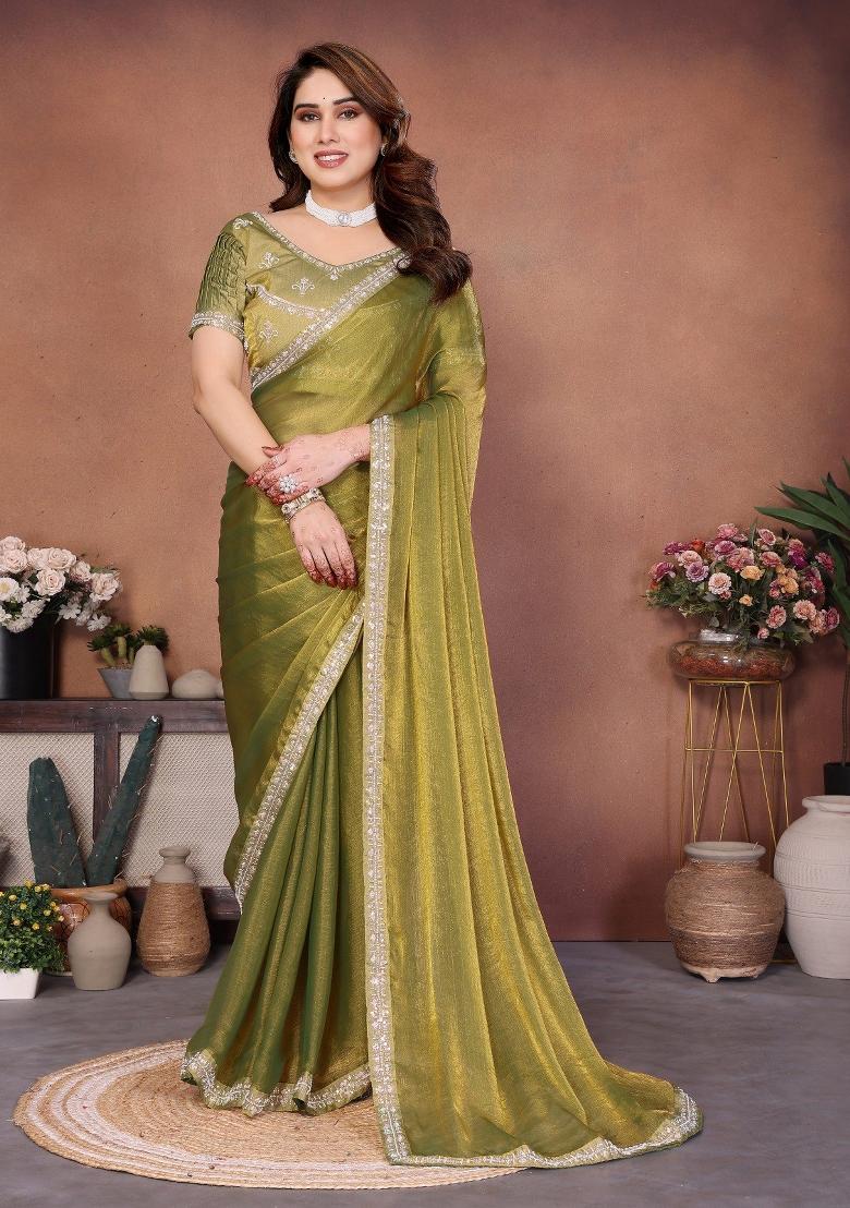 Mehendi Green Embroidered Fendi Saree Set - Indya
