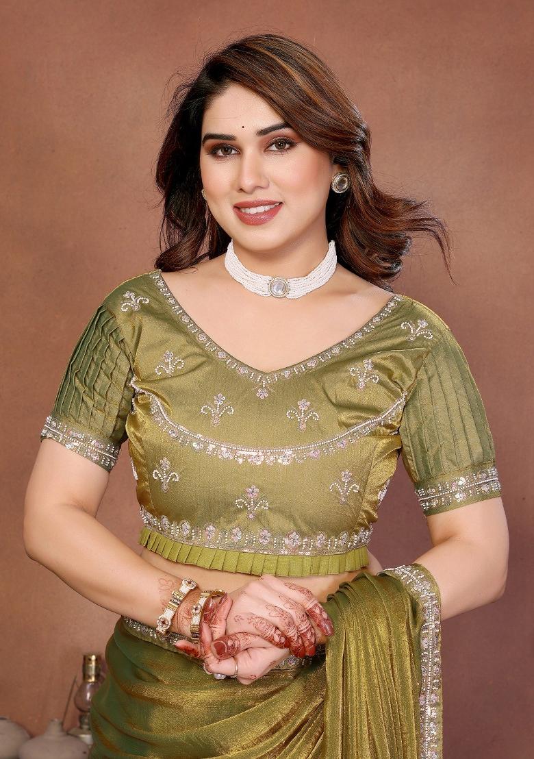 Mehendi Green Embroidered Fendi Saree Set - Indya