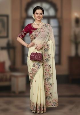 Cream Embroidered Georgette Saree Set