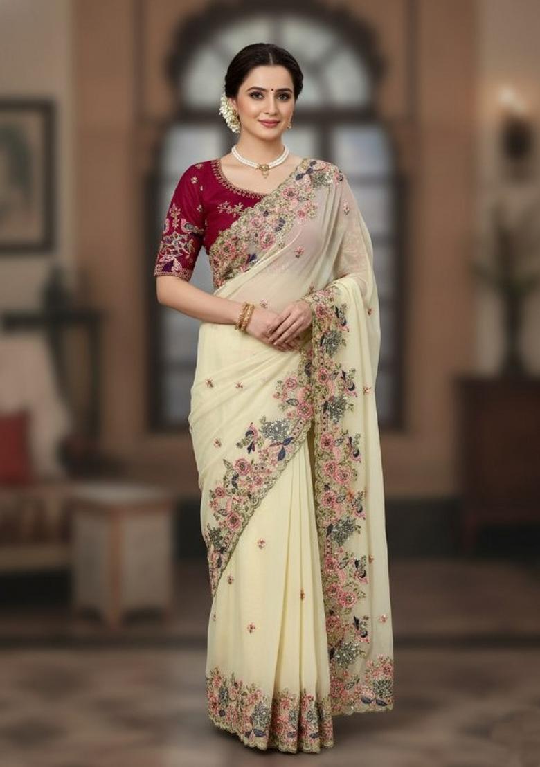 Cream Embroidered Georgette Saree Set - Indya
