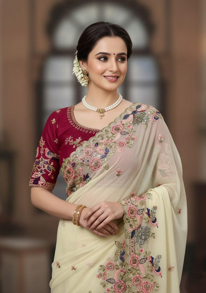 Cream Embroidered Georgette Saree Set - Indya