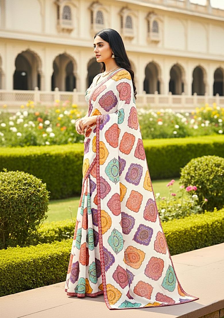 Multicolor Printed Georgette Saree Set - Indya