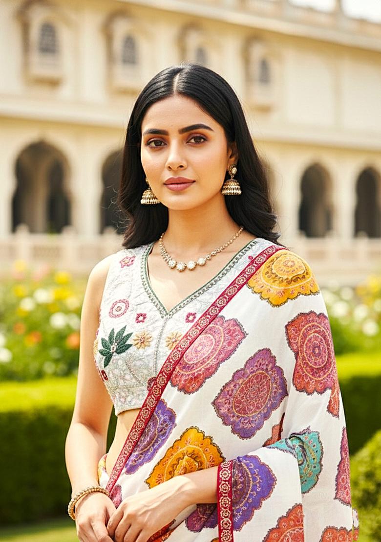 Multicolor Printed Georgette Saree Set - Indya