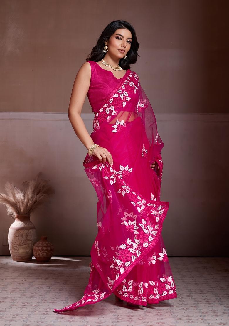 Pink Embroidered Chikankari Saree Set - Indya