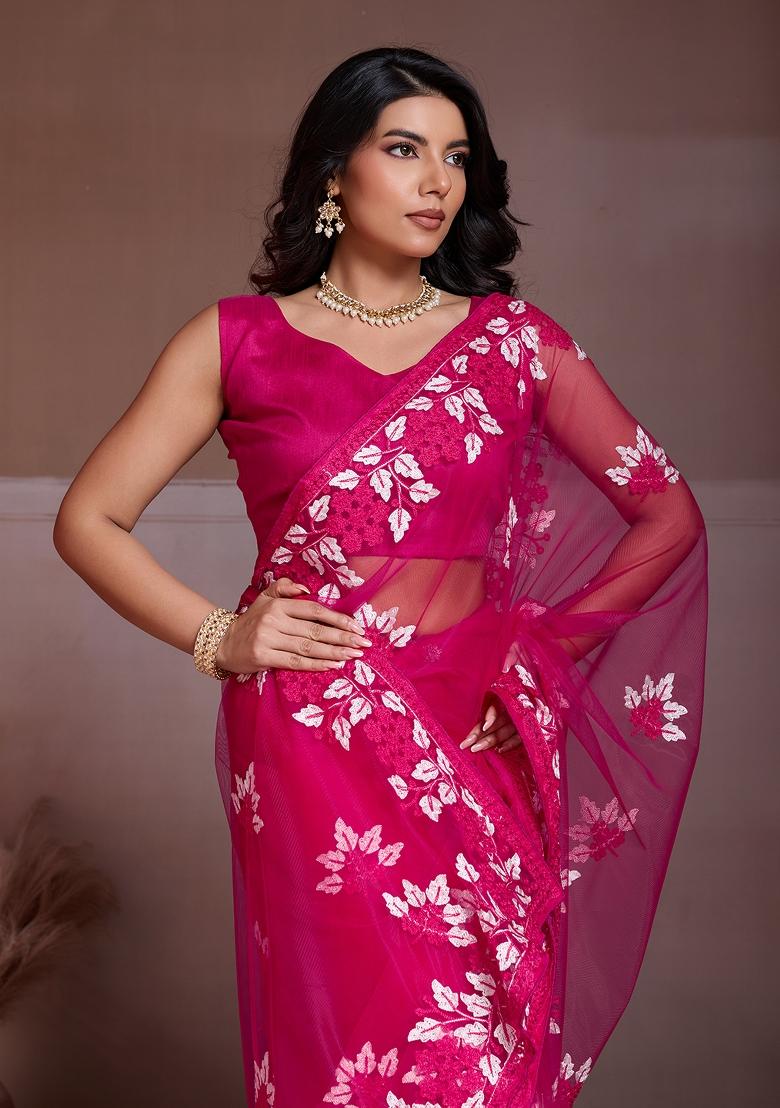 Pink Embroidered Chikankari Saree Set - Indya