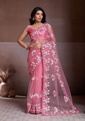 Peach Pink Embroidered Chikankari Saree Set