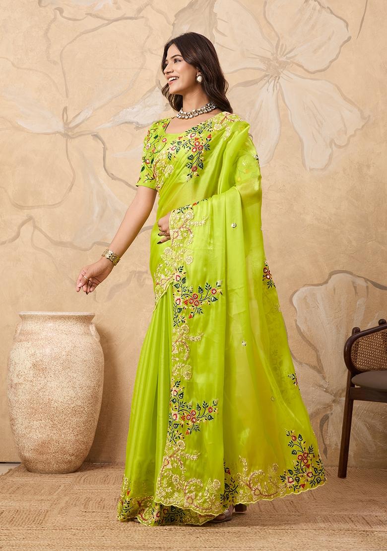 Yellow Embroidered Saree Set - Indya