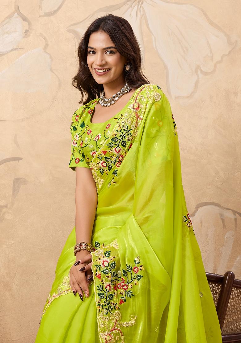 Yellow Embroidered Saree Set - Indya