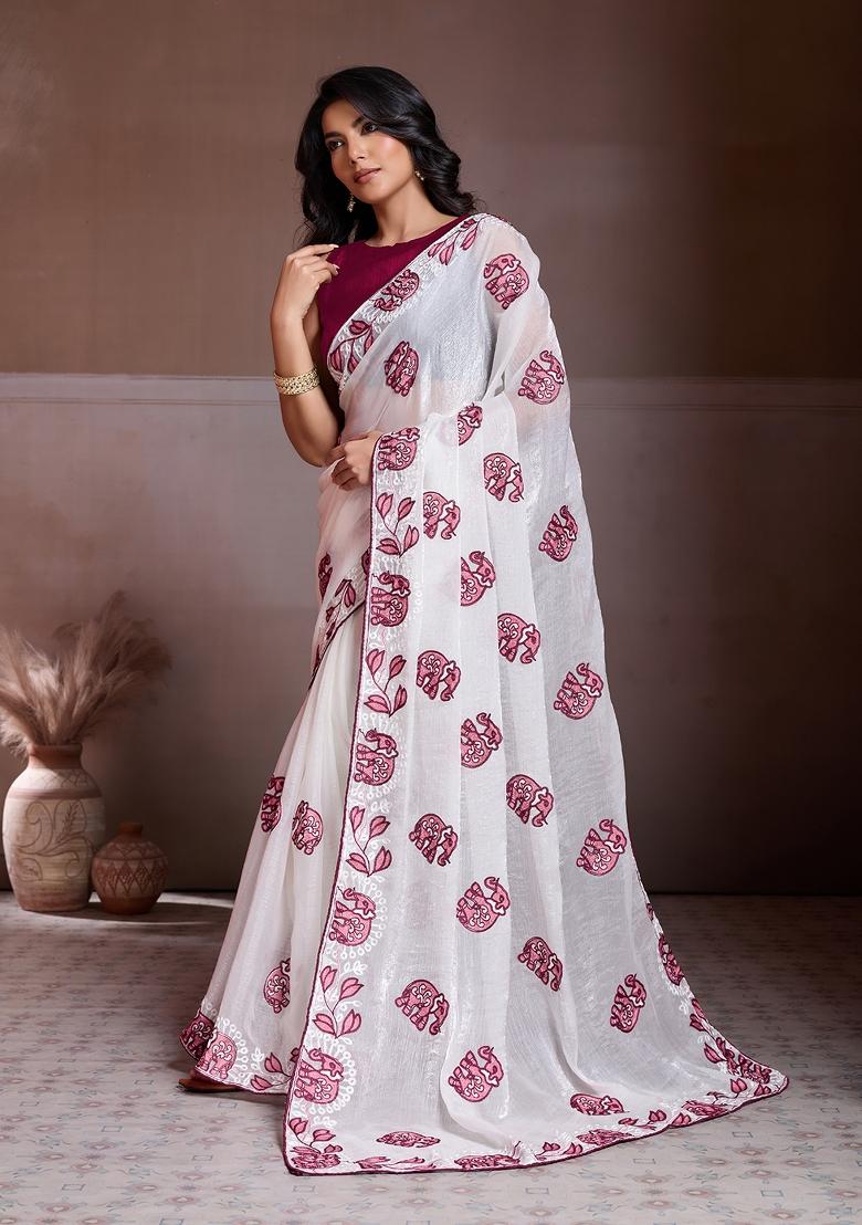 Off White Embroidered Saree Set - Indya