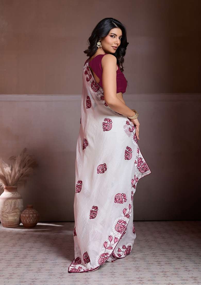 Off White Embroidered Saree Set for Diwali and Festive Wear - Indya