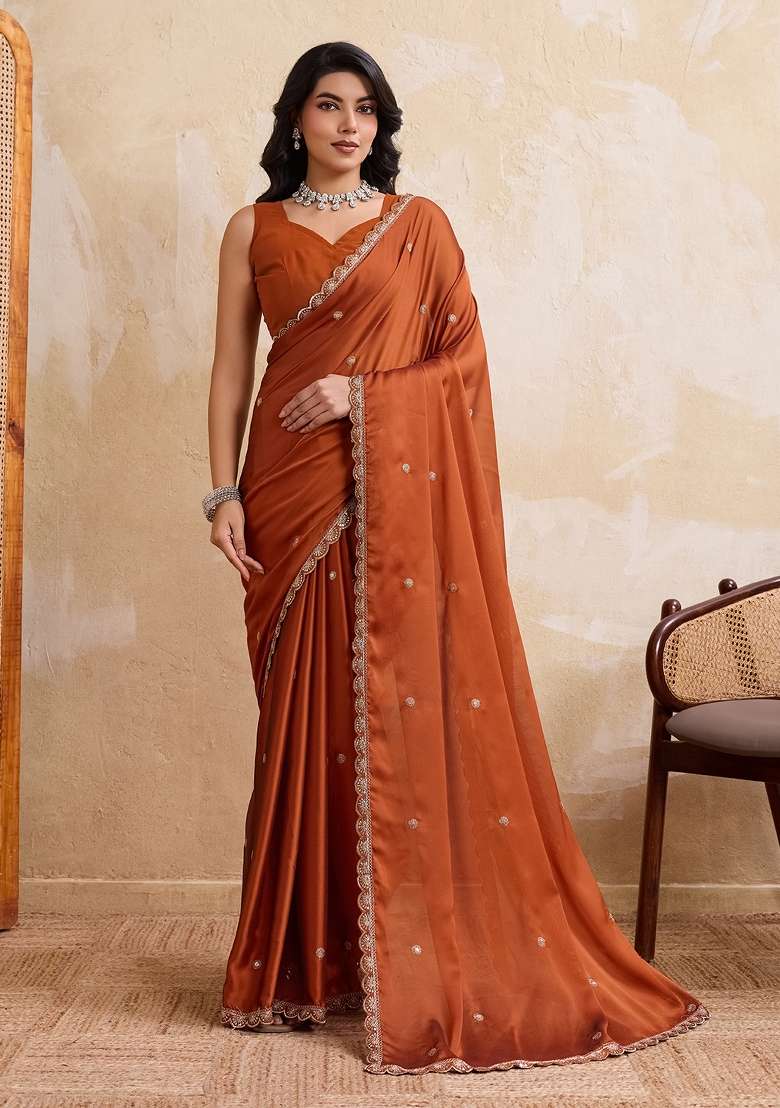 Rust Silk Saree Set with Embroidered for Diwali | Wedding & Festive Wear - Indya