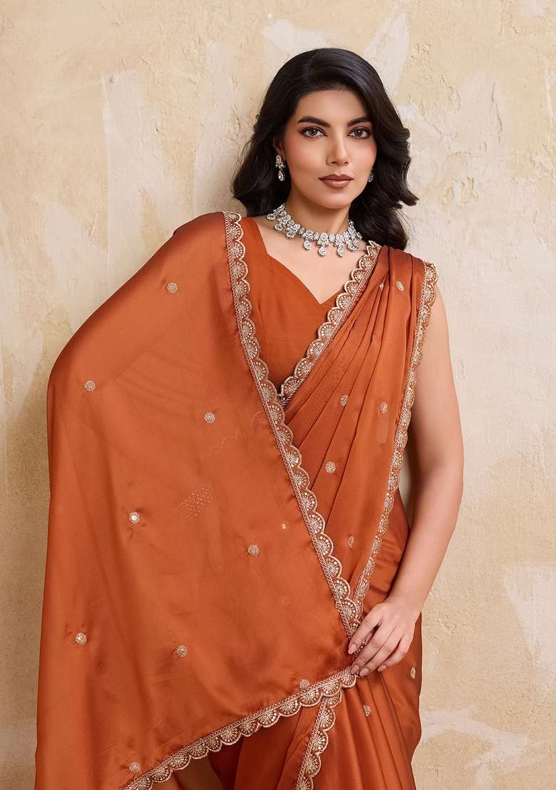 Rust Silk Saree Set with Embroidered for Diwali | Wedding & Festive Wear - Indya