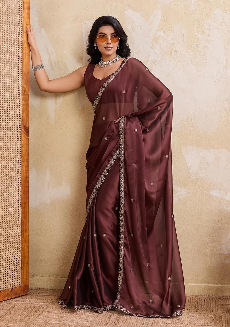 Brown Embroidered Silk Saree Set - Indya