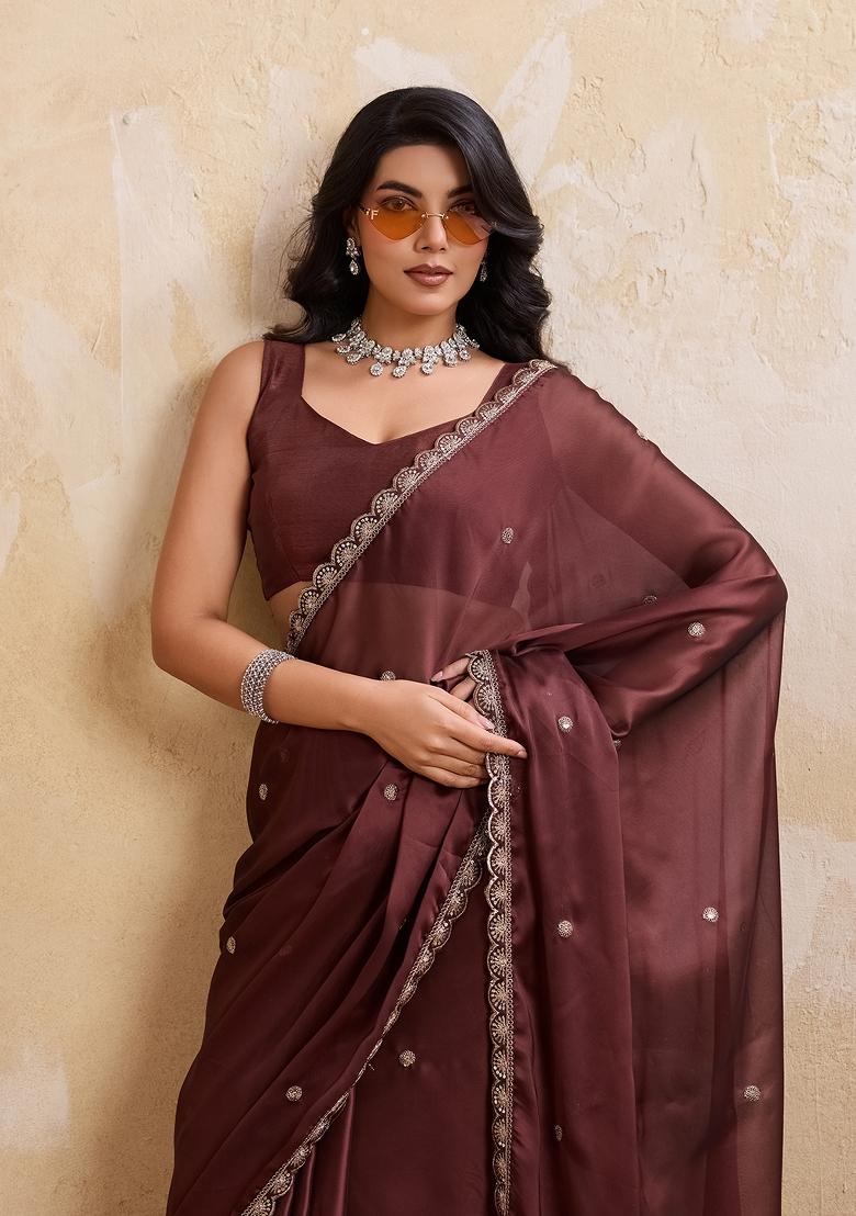 Brown Embroidered Silk Saree Set - Indya