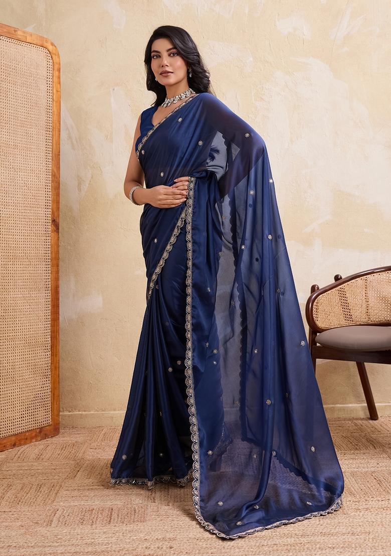 Navy Blue Embroidered Silk Saree Set - Indya