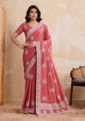 Peach Pink Embroidered Georgette Saree Set
