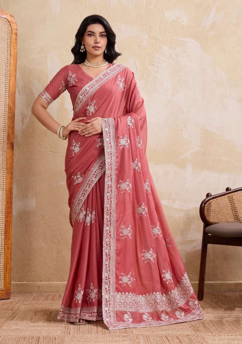 Peach Pink Embroidered Georgette Saree Set for Diwali and Festive Wear - Indya