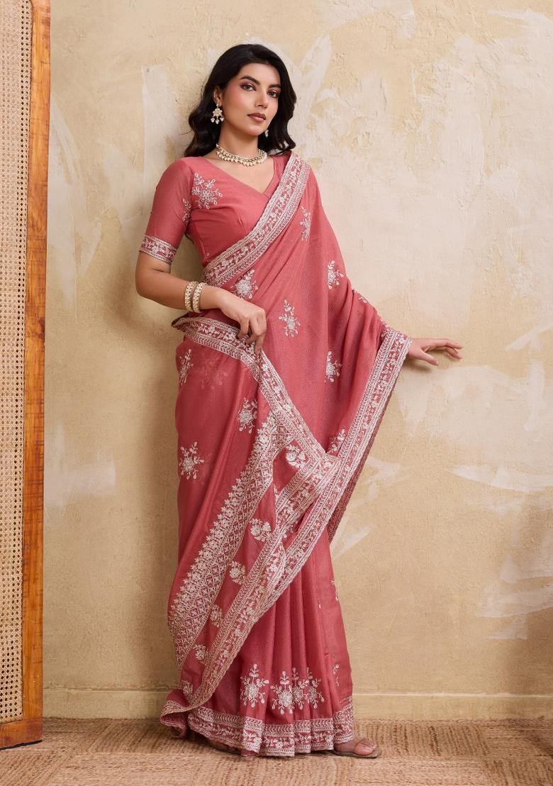 Peach Pink Embroidered Georgette Saree Set - Indya
