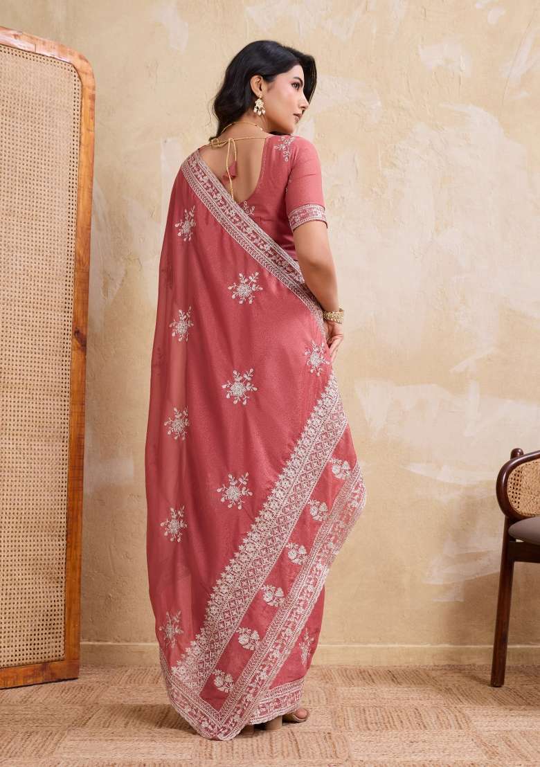 Peach Pink Embroidered Georgette Saree Set for Diwali and Festive Wear - Indya