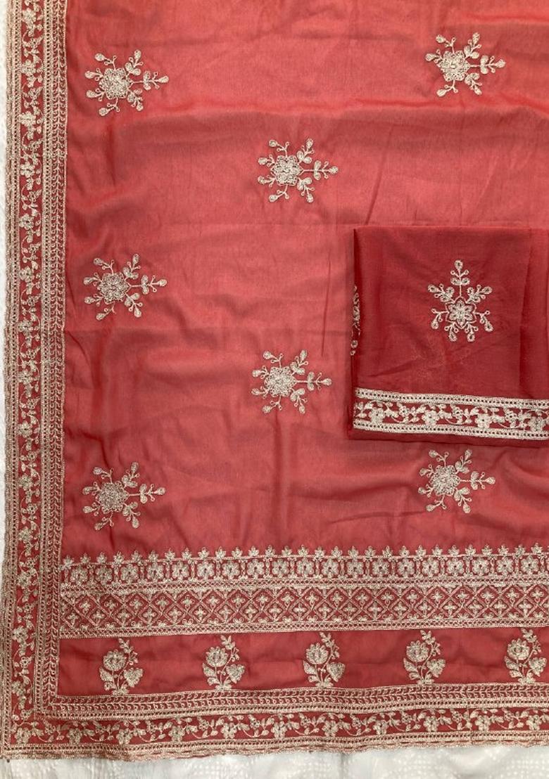 Peach Pink Embroidered Georgette Saree Set - Indya