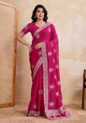 Rani Pink Embroidered Georgette Saree Set