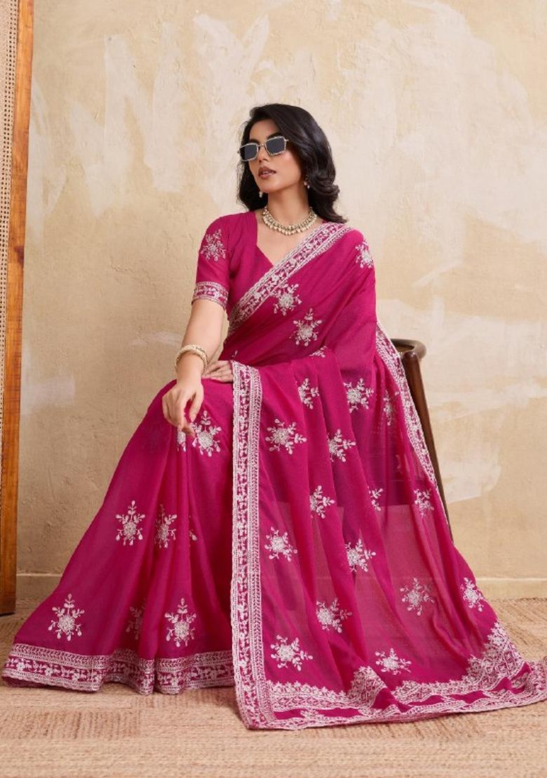 Rani Pink Embroidered Georgette Saree Set - Indya